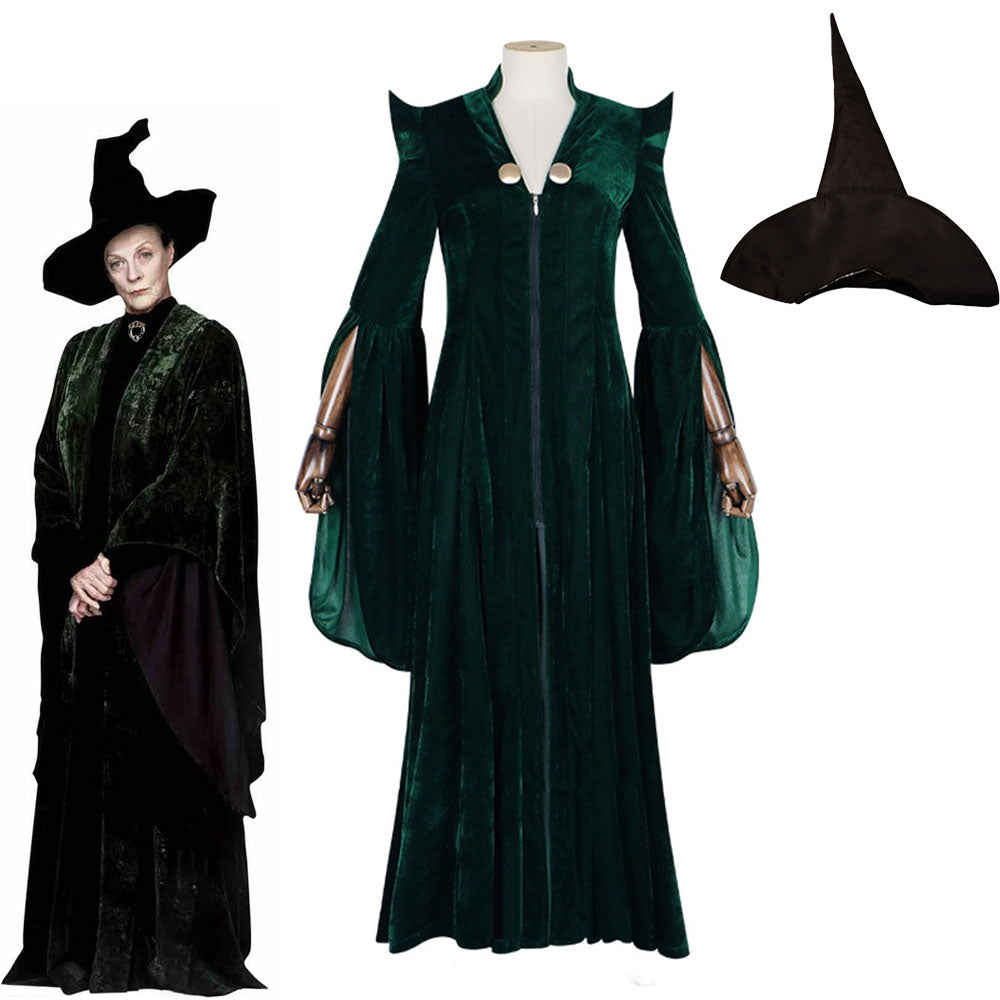 Harry Potter Costume Minerva McGonagall Cosplay Maxi Dress With Hat for Women