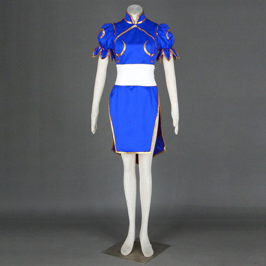 Street Fighter Costume Chun Li Blue Dress with Accessories for Women and Kids Cosplay