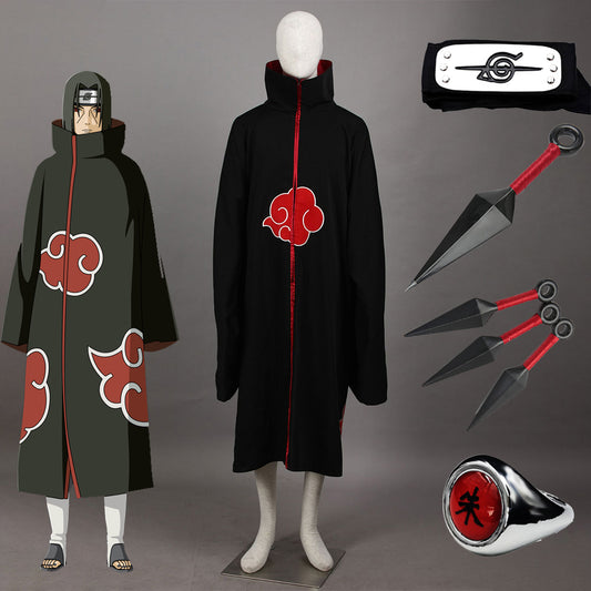 Naruto Shippuden Costume Uchiha Itachi Cosplay Cloak with Accessories for Men and Kids